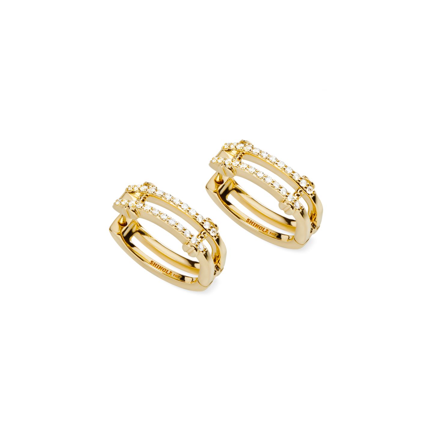 Diamond Pave Rivet Double Row Hoop Earrings - Yellow Gold