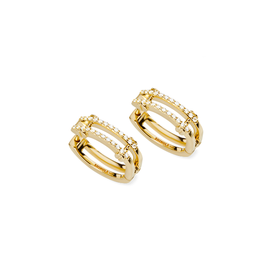 Diamond Pave Rivet Double Row Hoop Earrings - Yellow Gold
