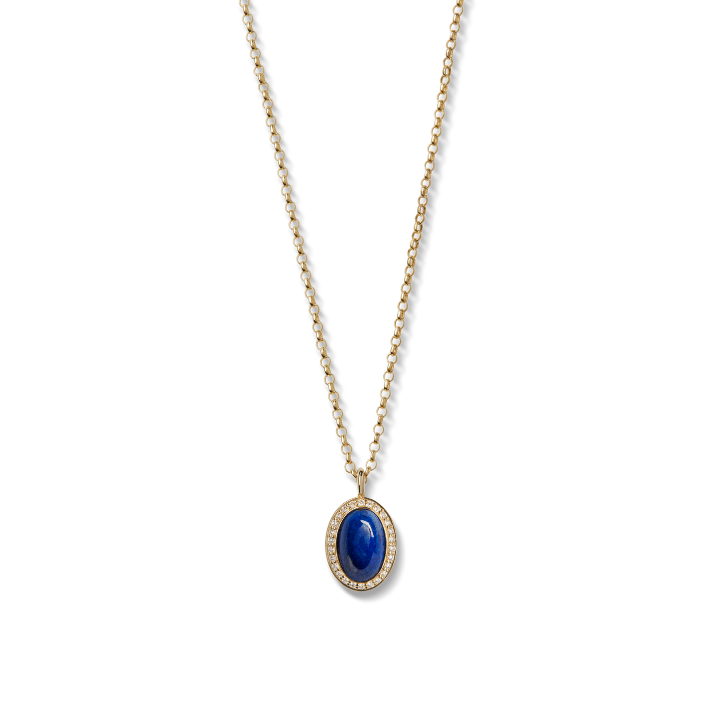 Diamond Pave Petite Oval Pendant Lapis Necklace - Yellow Gold