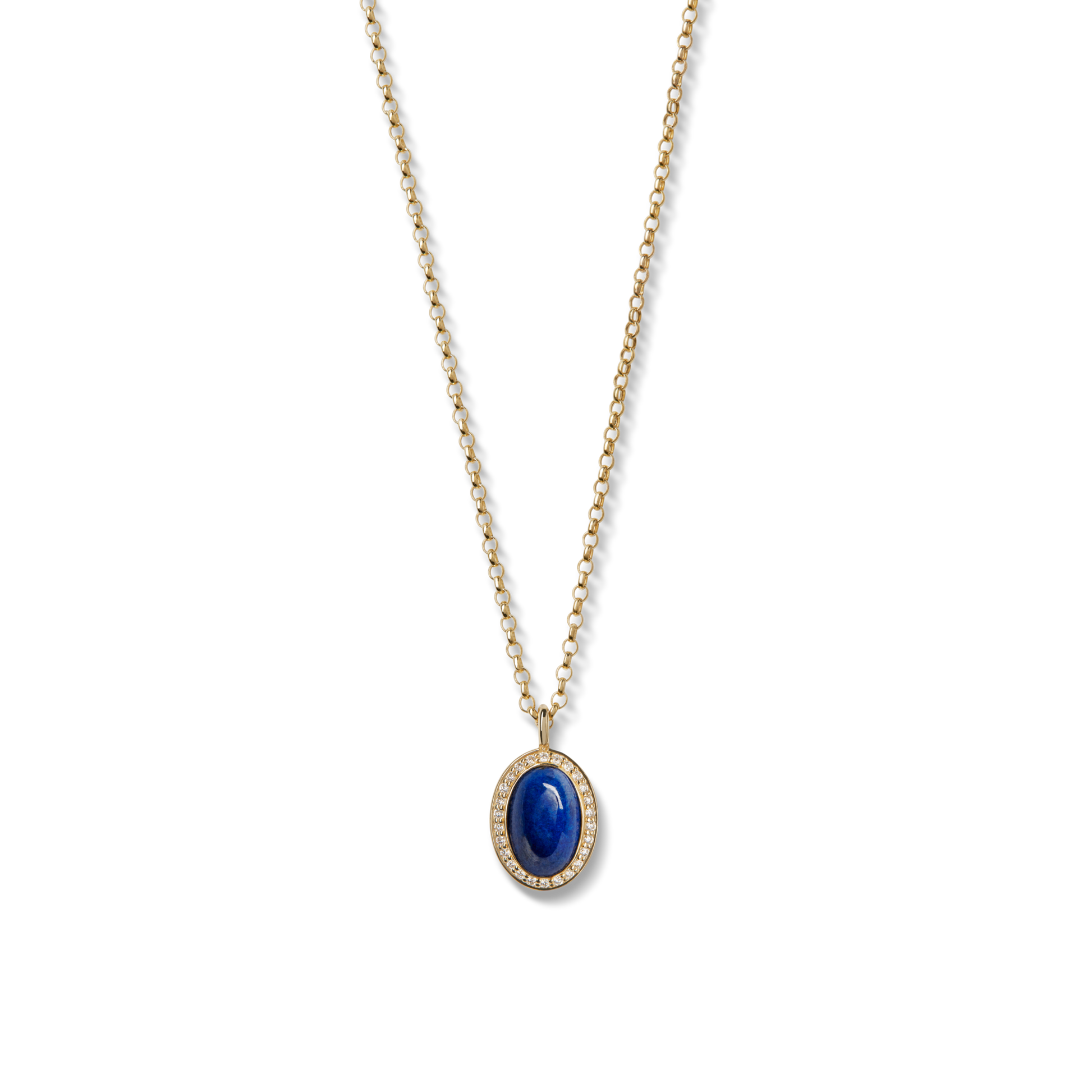 Diamond Pave Petite Oval Pendant Lapis Necklace - Yellow Gold