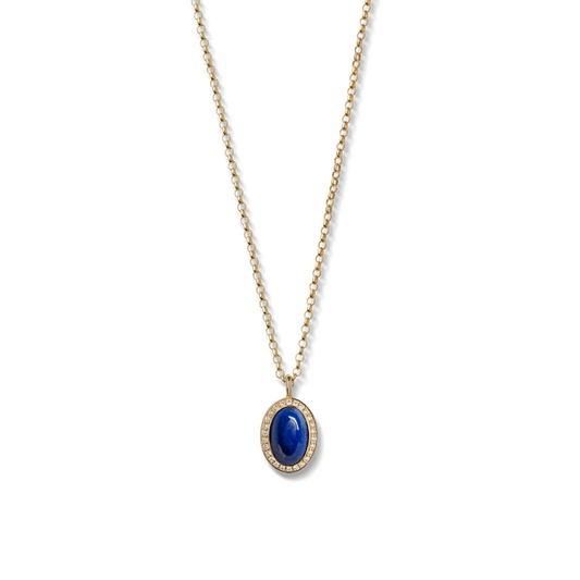 Diamond Pave Petite Oval Pendant Lapis Necklace - Yellow Gold