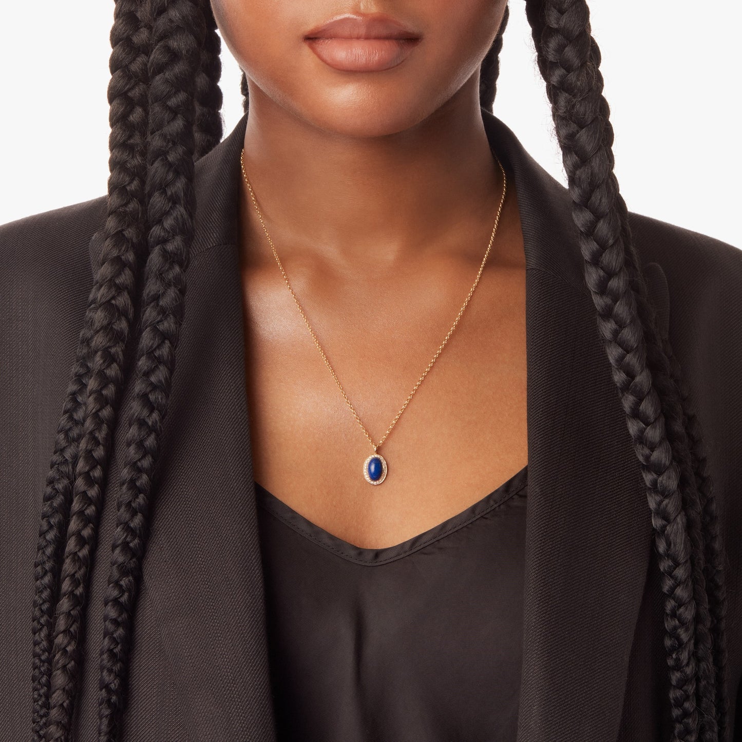 Diamond Pave Petite Oval Pendant Lapis Necklace - Yellow Gold
