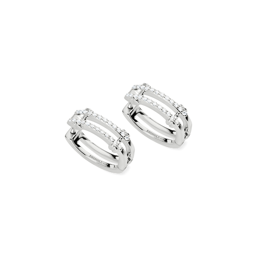 Diamond Pave Rivet Double Row Hoop Earrings - White Gold