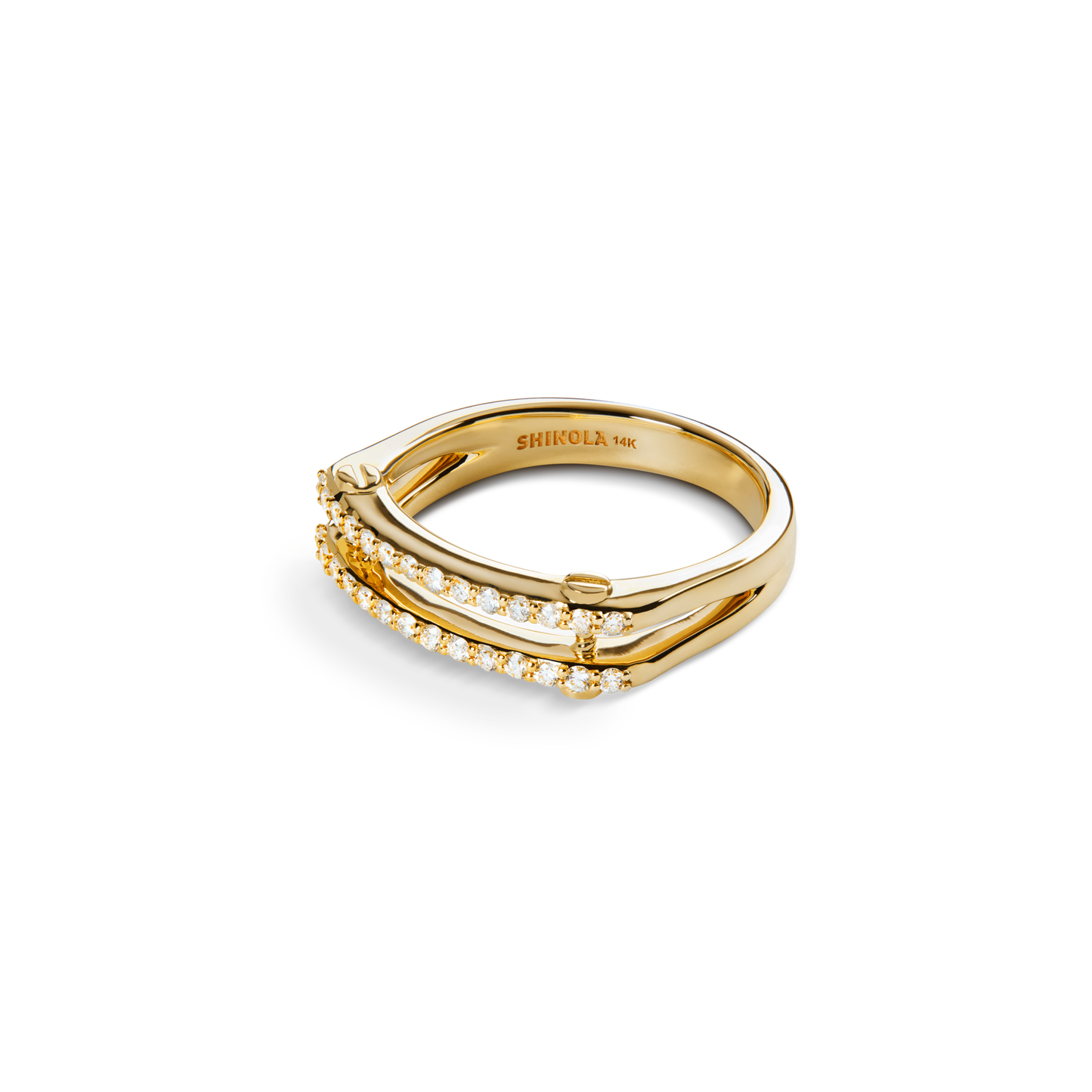 Diamond Pave Rivet Double Row Ring - Yellow Gold