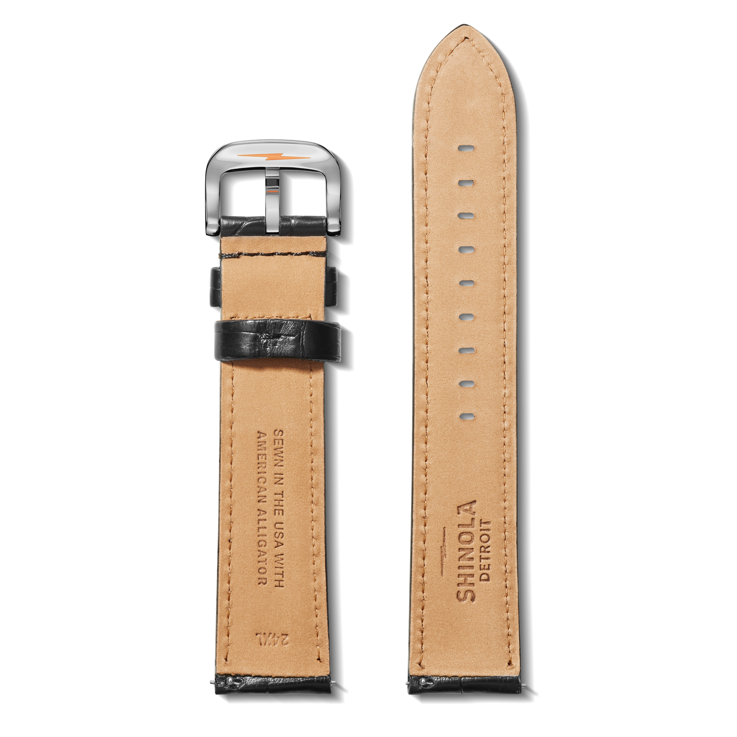 24mm Black Alligator Leather Watch Strap (Long) - Black