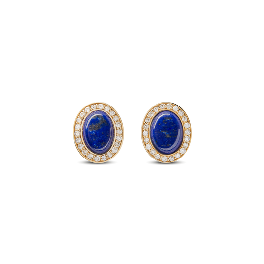 Diamond Pave Oval Stud Lapis Earrings - Yellow Gold