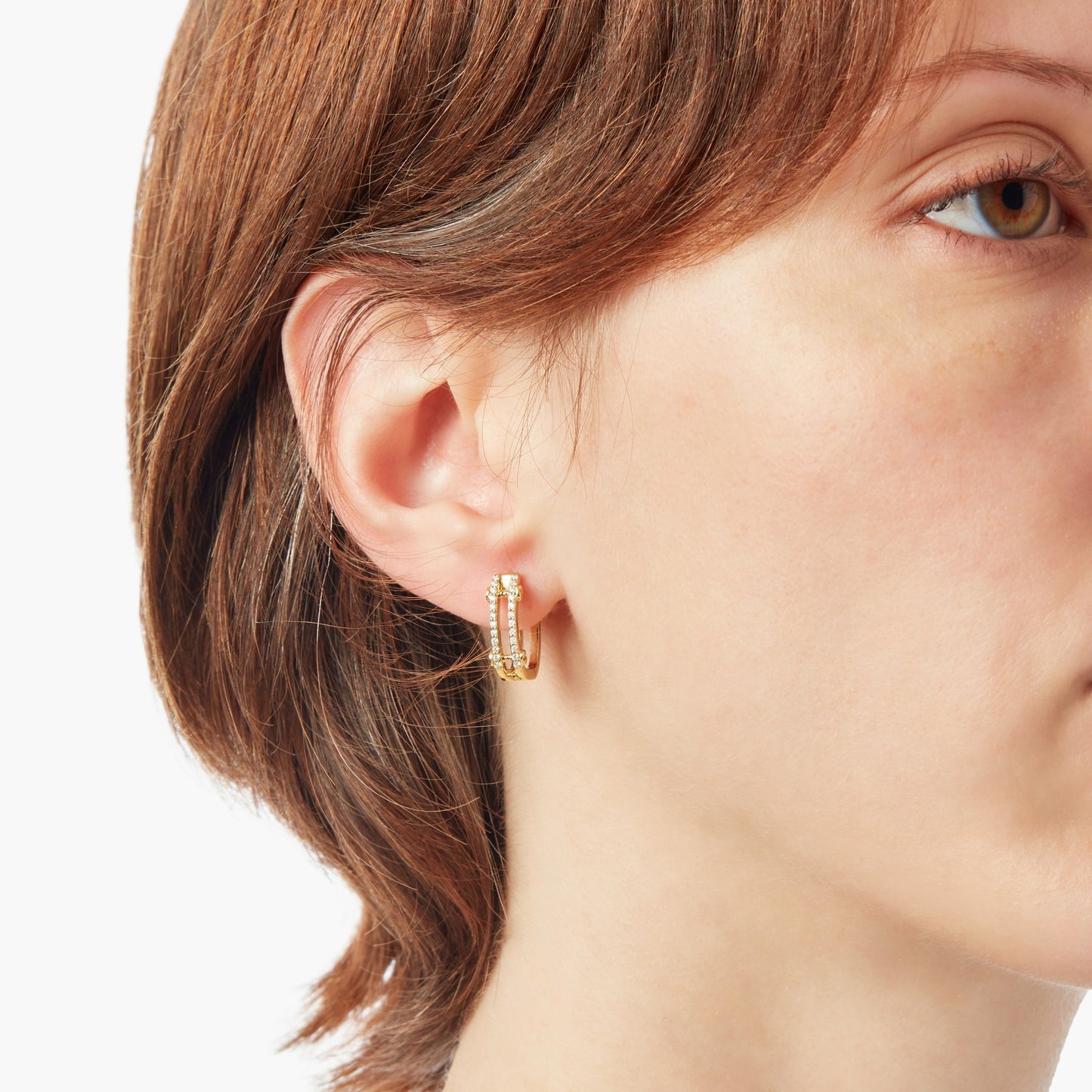 Diamond Pave Rivet Double Row Hoop Earrings - Yellow Gold