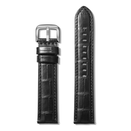 22mm Black Alligator Leather Watch Strap (Long) - Black