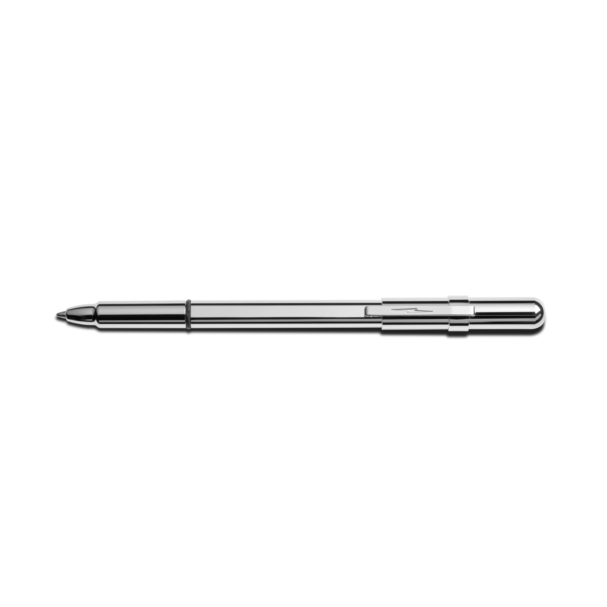 The Shinola Stainless Steel Studio Pen - Polished Silver features a metallic finish, pointed tip, and ridged cylindrical body, shown against a white background. Ideal as a refill for your Shinola ballpoint pen.