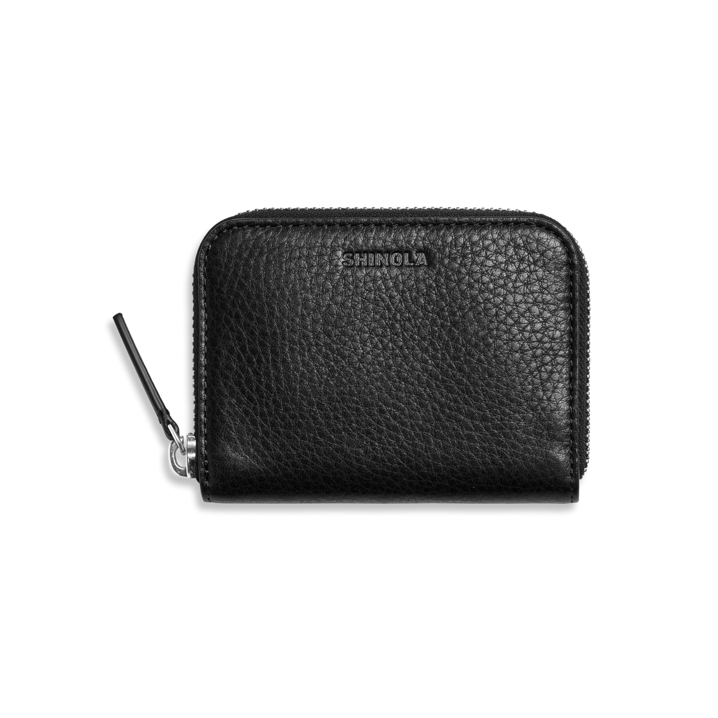 The Shinola Small Zip Wallet - Black features natural grain leather, compact design, and embossed branding on the front, shown against a plain white background.