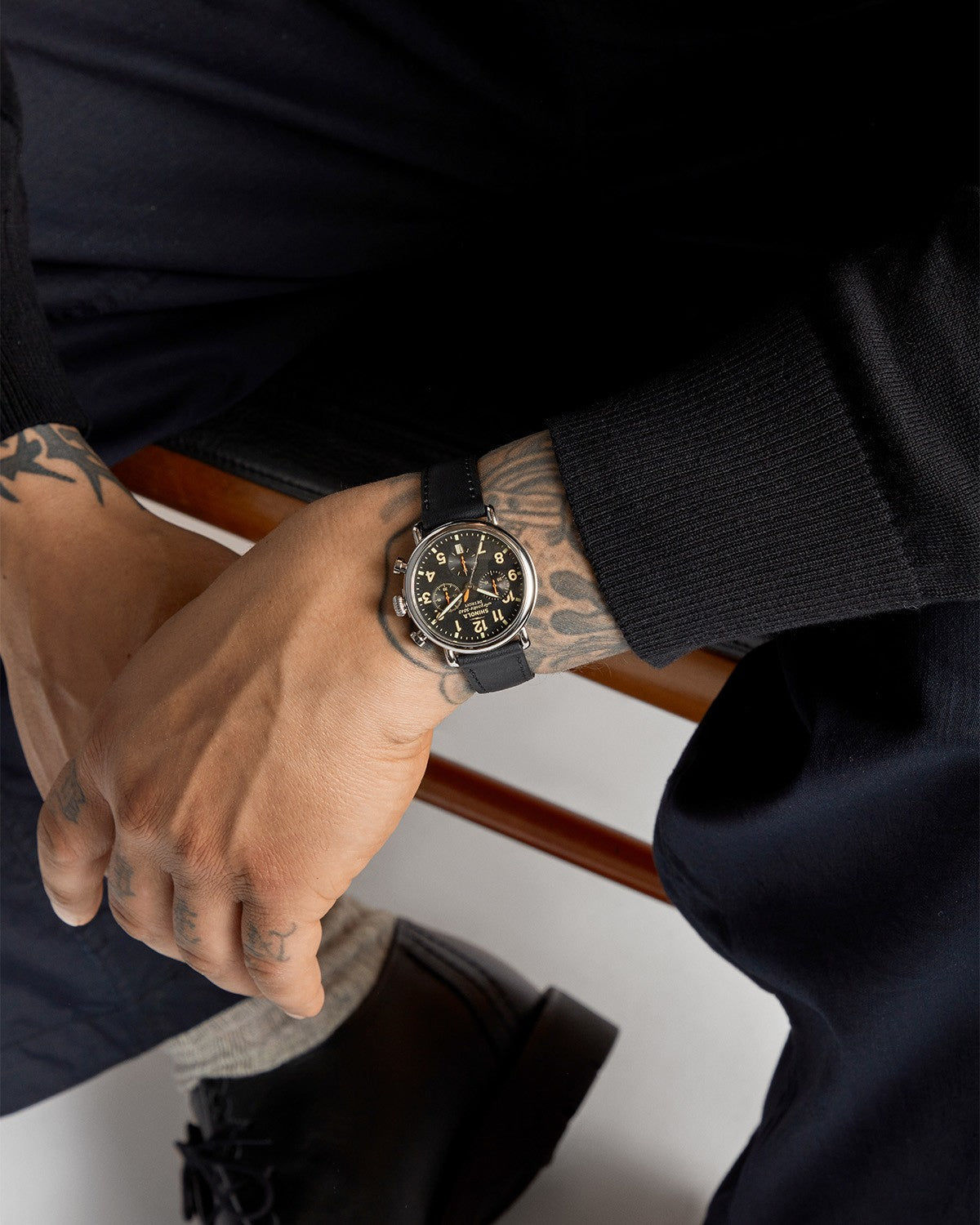 Runwell Chronograph Watch - Black Leather Strap