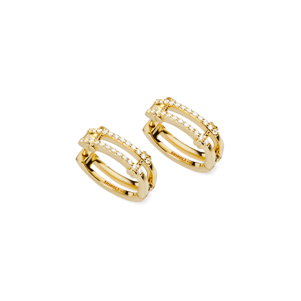 Diamond Pave Rivet Double Row Hoop Earrings - Yellow Gold