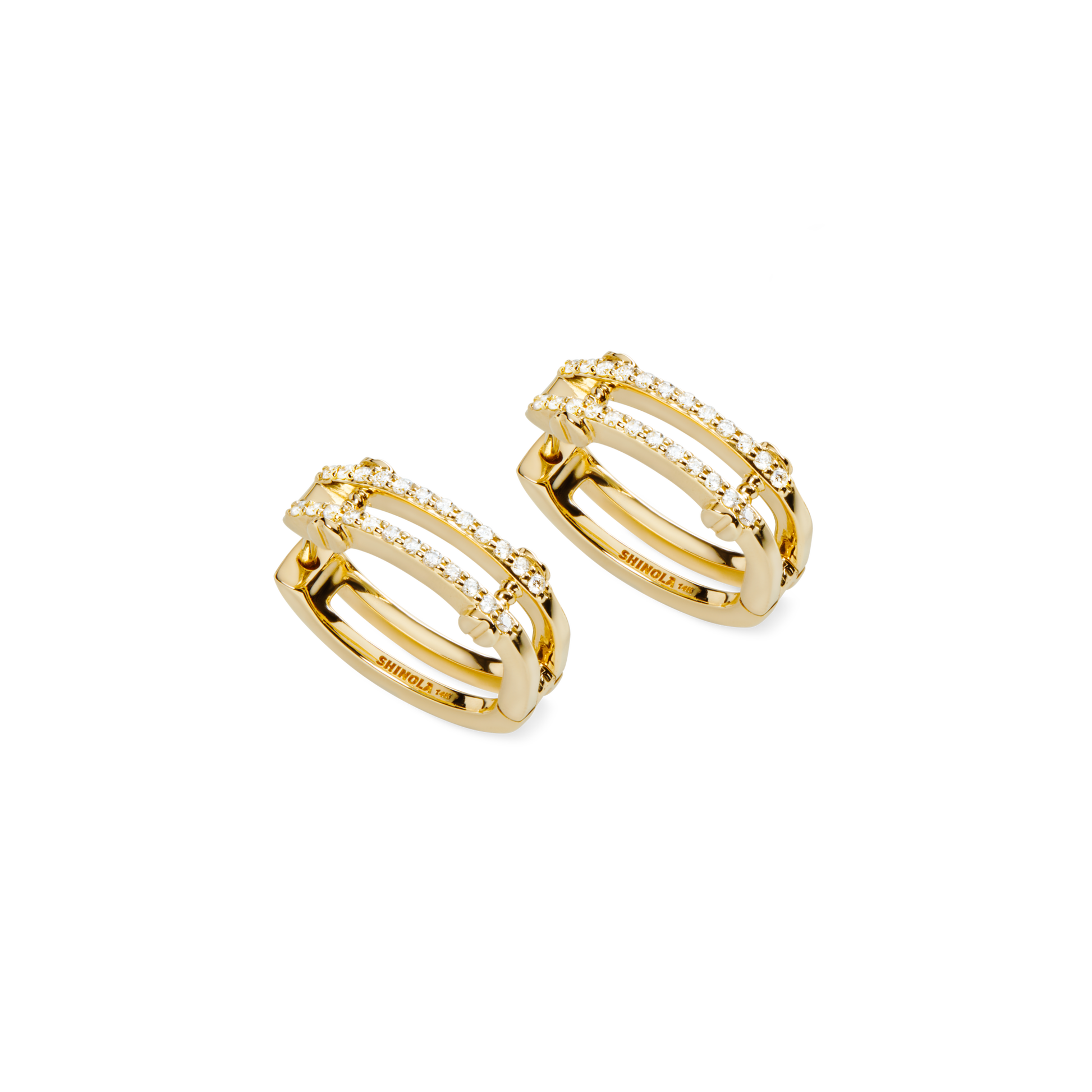 Diamond Pave Rivet Double Row Hoop Earrings - Yellow Gold