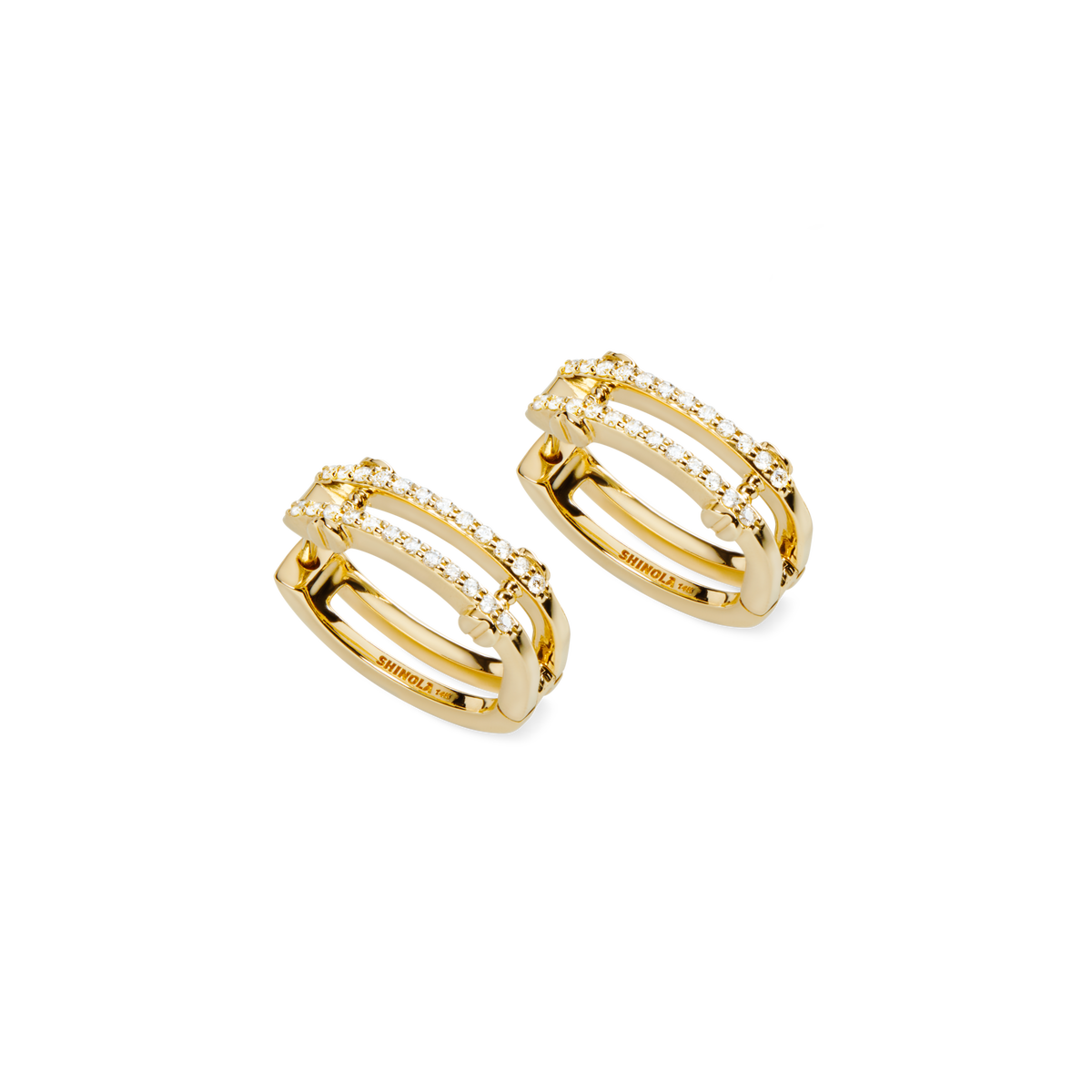 Diamond Pave Rivet Double Row Hoop Earrings - Yellow Gold