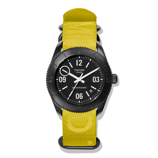 Tom Ford Watch: Blk Dial 43mm Auto Rd Sport SemiMtt, OP Woven Ylw - Black