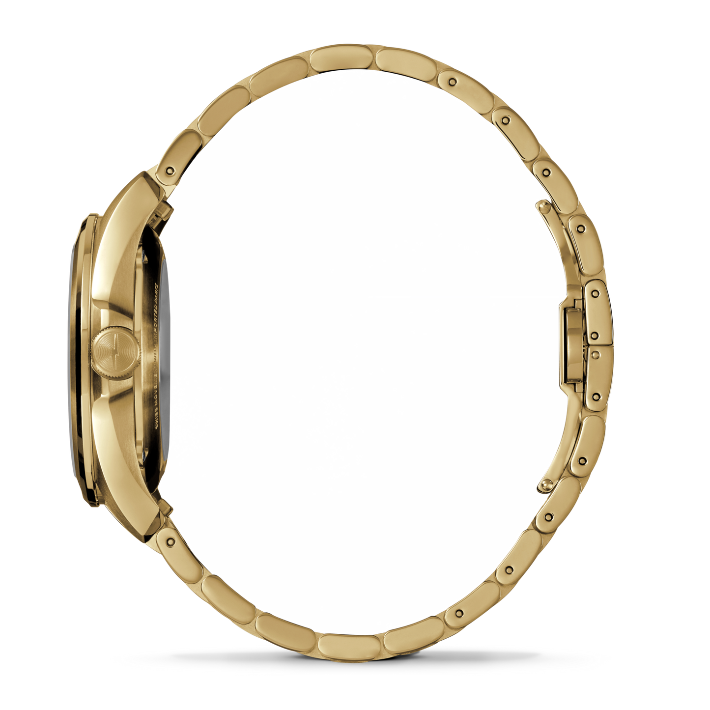 Side view of the Shinola Circadian Monster Automatic Watch – Mother of Pearl Diamond, featuring a gold metal link band, diamond indices, slim profile, and right-side clasp. The white background highlights its elegant design.