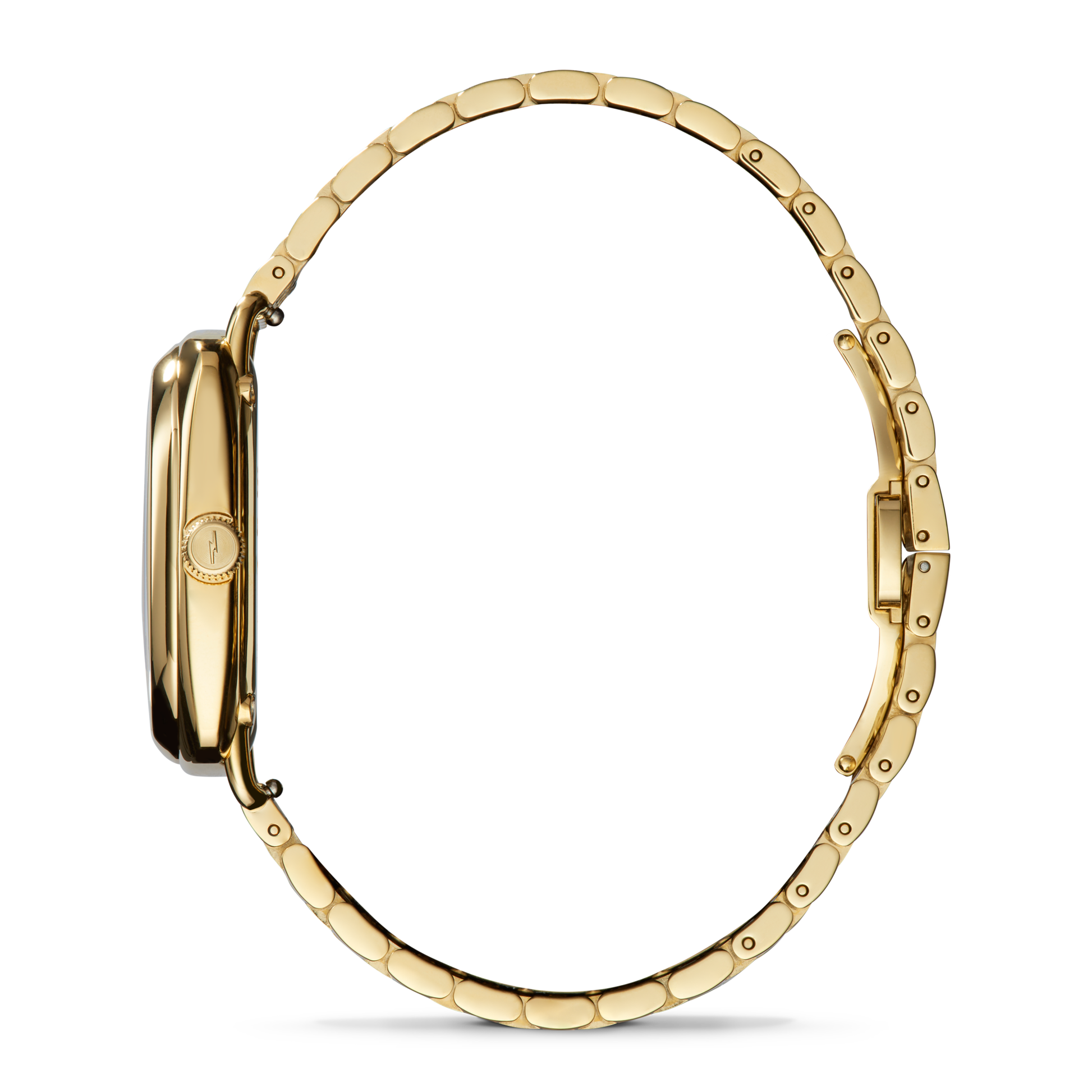 Side view of the Shinola Bixby Watch - Light Silver, featuring a slim round case and linked bracelet band, displayed against a plain white background.