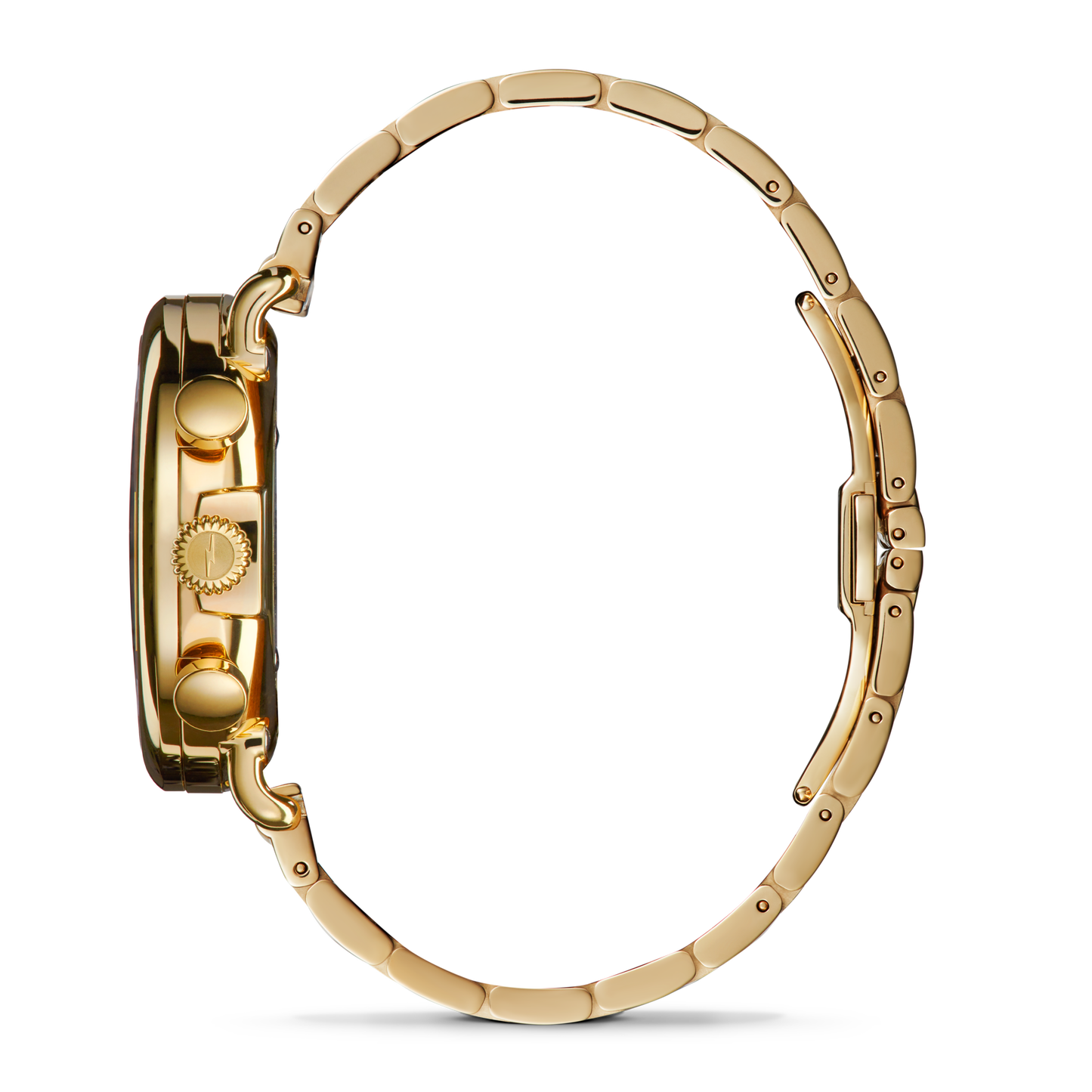 The Shinola Runwell Chronograph Watch - Ivory is shown from the side, featuring a gold stainless steel bracelet, round case with buttons and crown, set against a white background.
