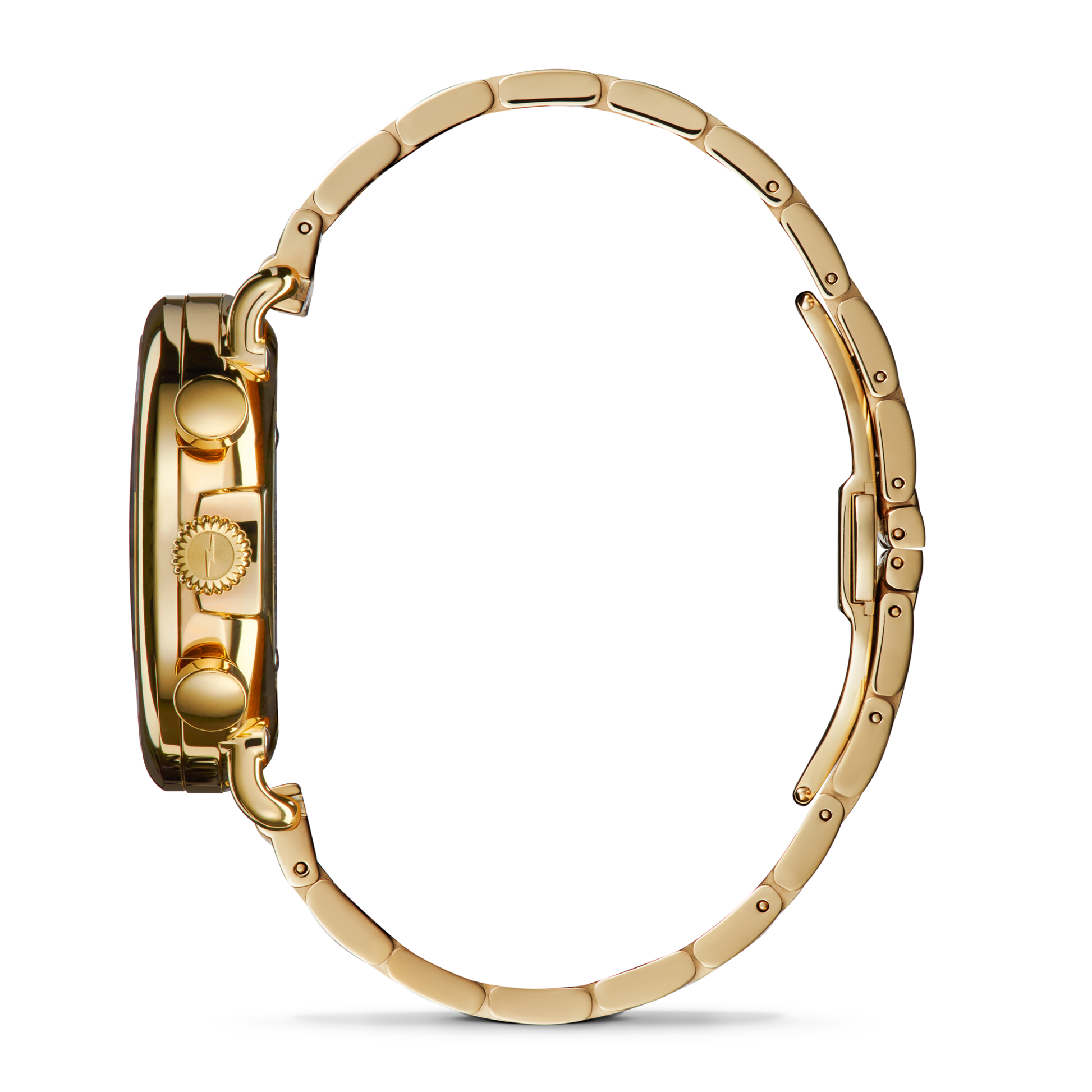 The Shinola Runwell Chronograph Watch - Ivory is shown from the side, featuring a gold stainless steel bracelet, round case with buttons and crown, set against a white background.