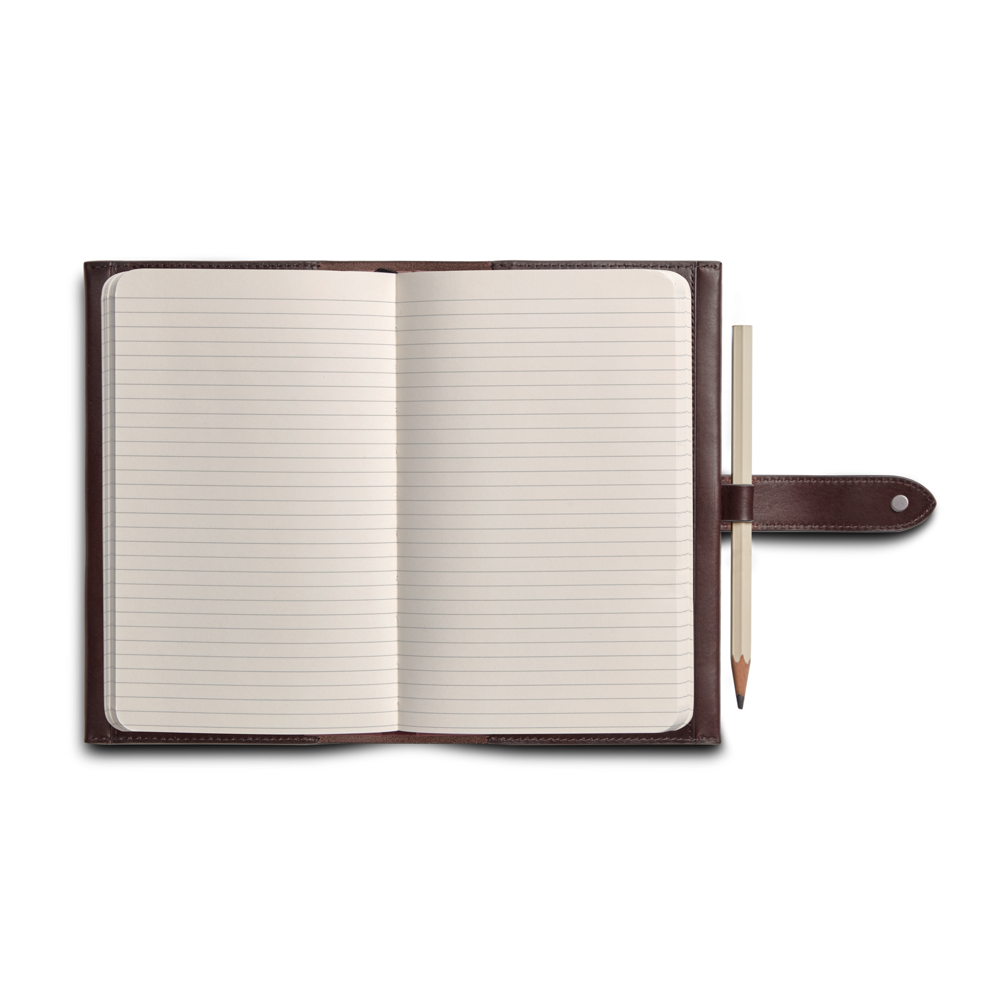The Shinola Medium Snap Journal Cover in dark brown Vachetta Italian leather lies open and flat, with a lined notebook inside and a pencil secured in the right loop beside the snap closure, set against a plain white background.