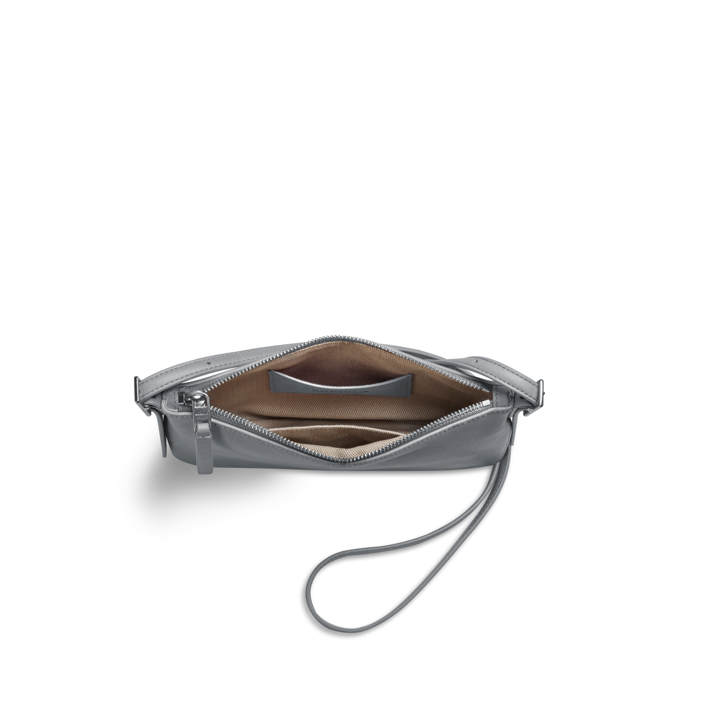 The Shinola Small Bixby Crossbody in Mist is shown open, revealing a tan interior with a slip pocket. Featuring a zipper closure and side wrist strap, this Natural Leather bag makes an ideal everyday accessory.