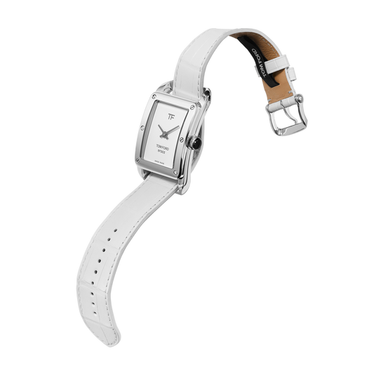 Tom Ford Watch: White Dial 53x31 PoSS, White Alligator Strap - White