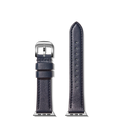 Two Shinola 20mm Navy Leather Apple Watch Straps with silver buckles and connectors are shown side by side on a white background; one strap is shorter with the buckle, the other is longer with adjustment holes.