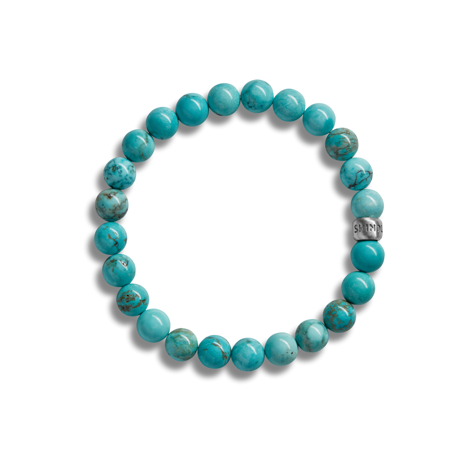 The Shinola 8mm Beaded Bracelet Turquoise features polished turquoise beads and a sterling silver accent engraved with “SHIN,” shown on a plain white background.