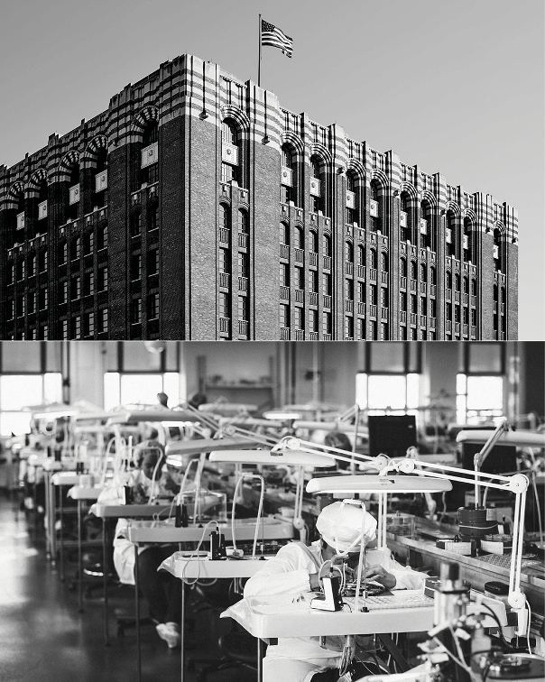 A black-and-white split image for Shinola Factory Tours: the top features a historic brick building with an American flag, while the bottom displays Detroit artisans in lab coats and masks, showcasing their craftsmanship in handcrafted watchmaking.
