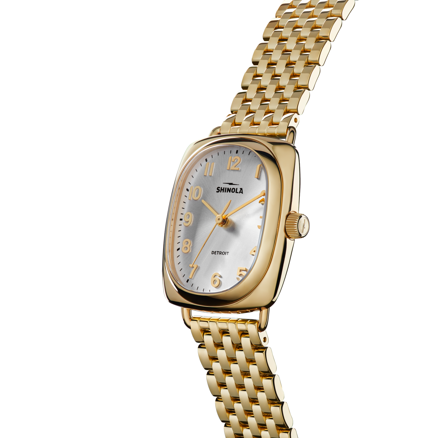 The Shinola Bixby Watch - Light Silver features a rectangular case, white dial, silver hour markers, and a silver link bracelet, with the brand name Shinola on its face against a white background.