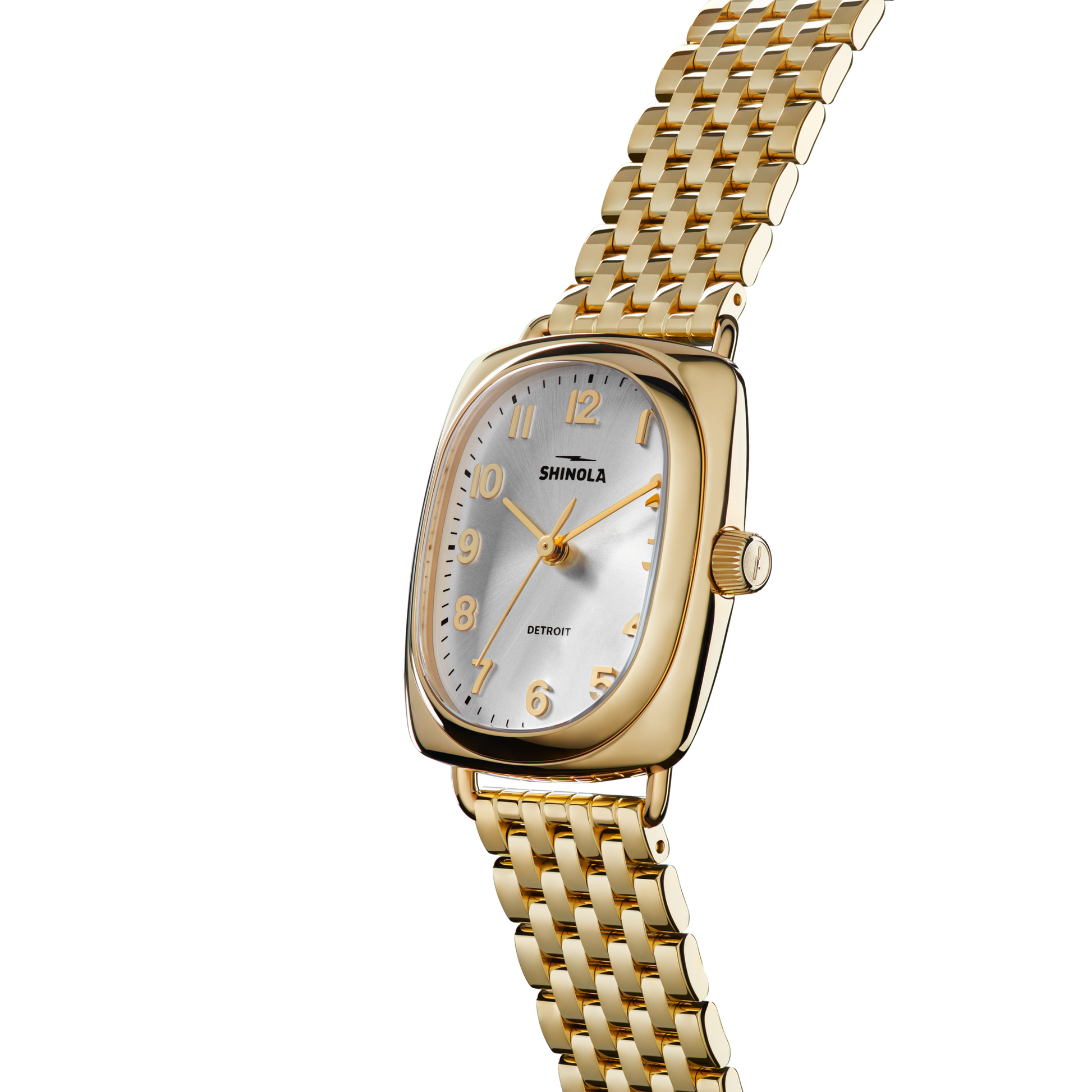The Shinola Bixby Watch - Light Silver features a rectangular case, white dial, silver hour markers, and a silver link bracelet, with the brand name Shinola on its face against a white background.
