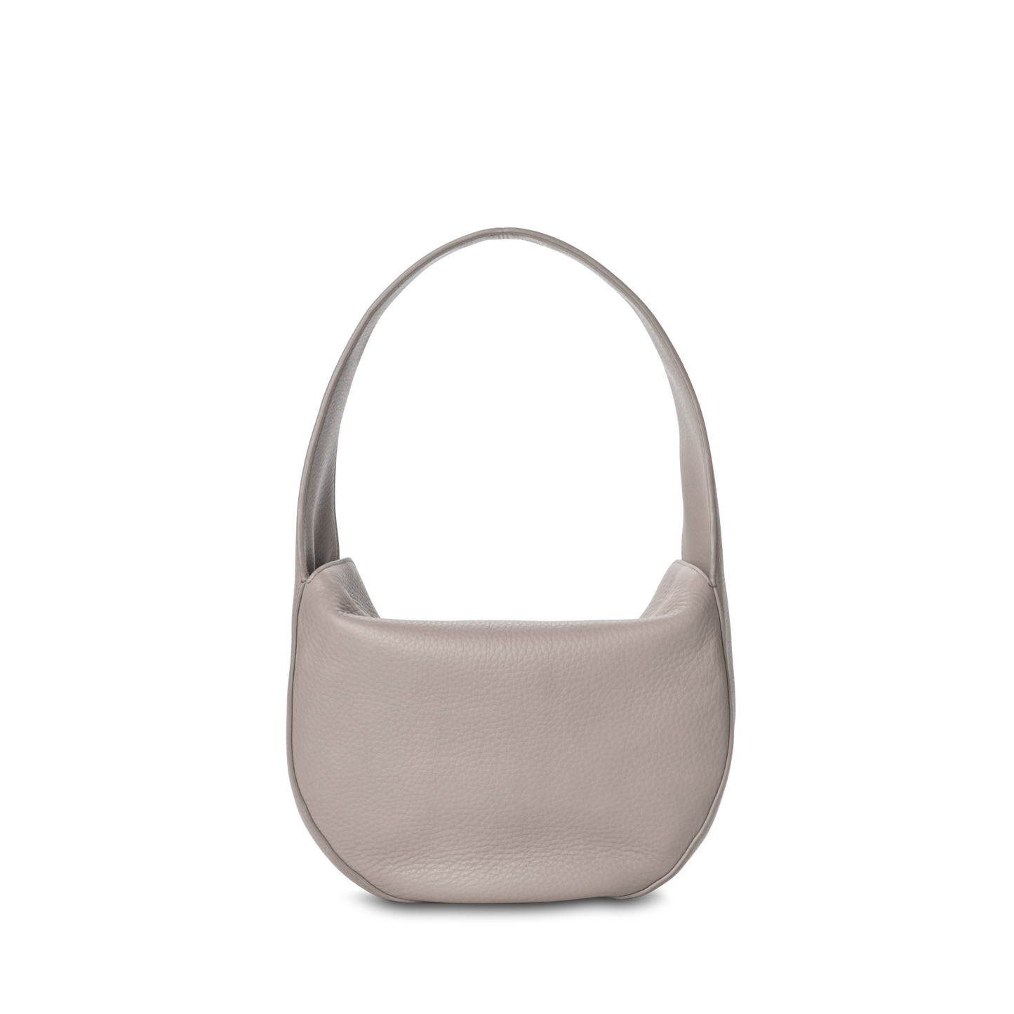The Shinola Small Shoulder Bag - Taupe is a minimalist bag in light gray natural grain leather, with a curved base and wide, rounded strap, shown against a plain white background.