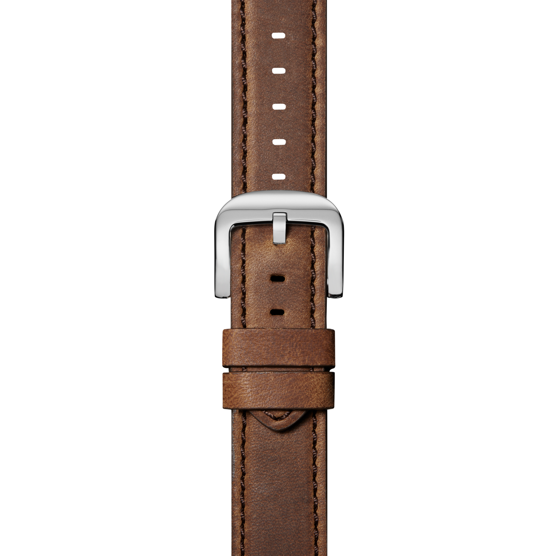 The Shinola 20mm British Tan Leather Watch Strap (XL) features visible stitching, multiple adjustment holes, quick-release spring bars, and a silver buckle. Displayed vertically on a white background.