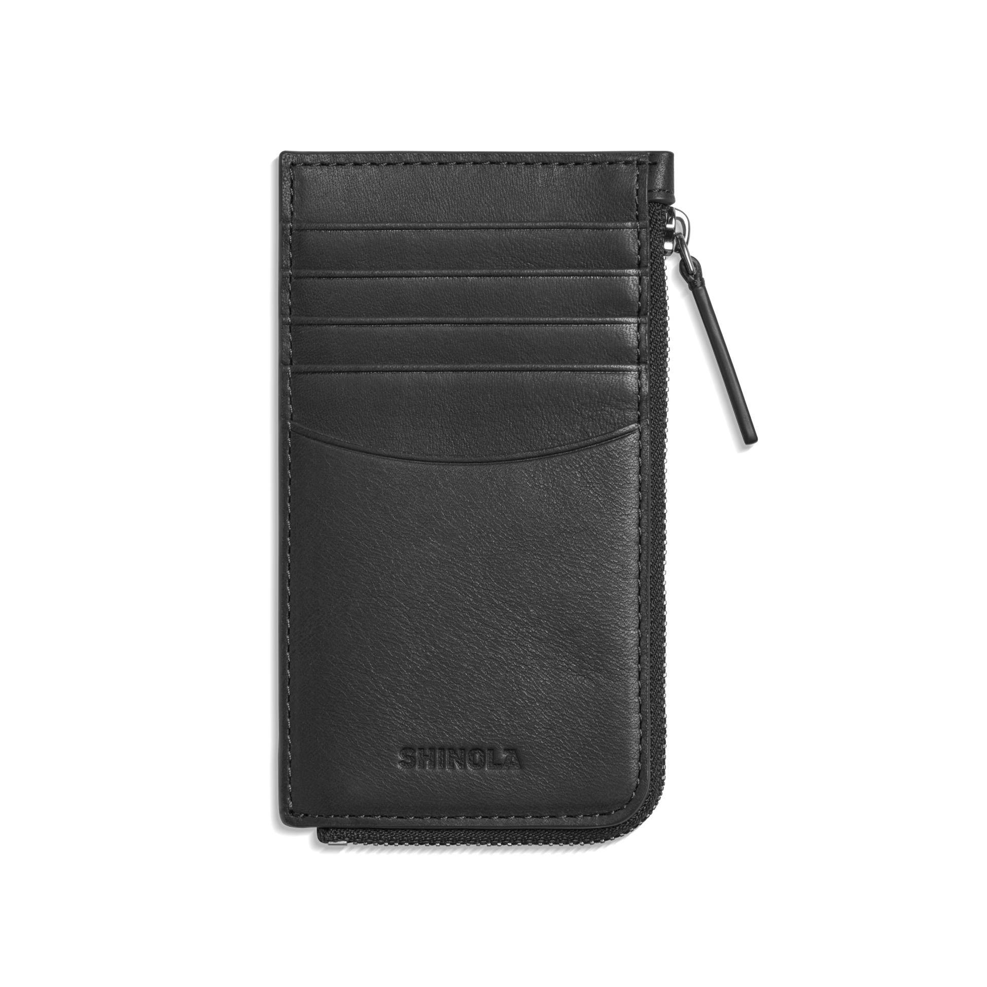 The Zip Around Card Case - Black by Shinola features multiple card pockets, a curved central pocket, a right-side zipper, and the embossed Shinola logo at the bottom.