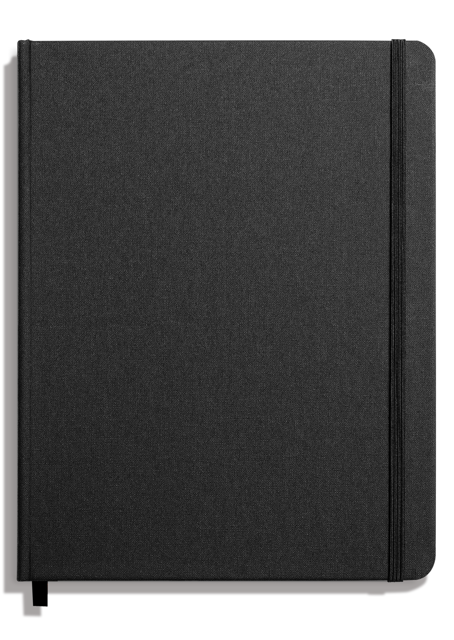 The Shinola Large Hard Plain Sketchbook in Jet Black features a durable fabric cover, black elastic band closure on the right, and a ribbon bookmark, shown here photographed against a plain white background.