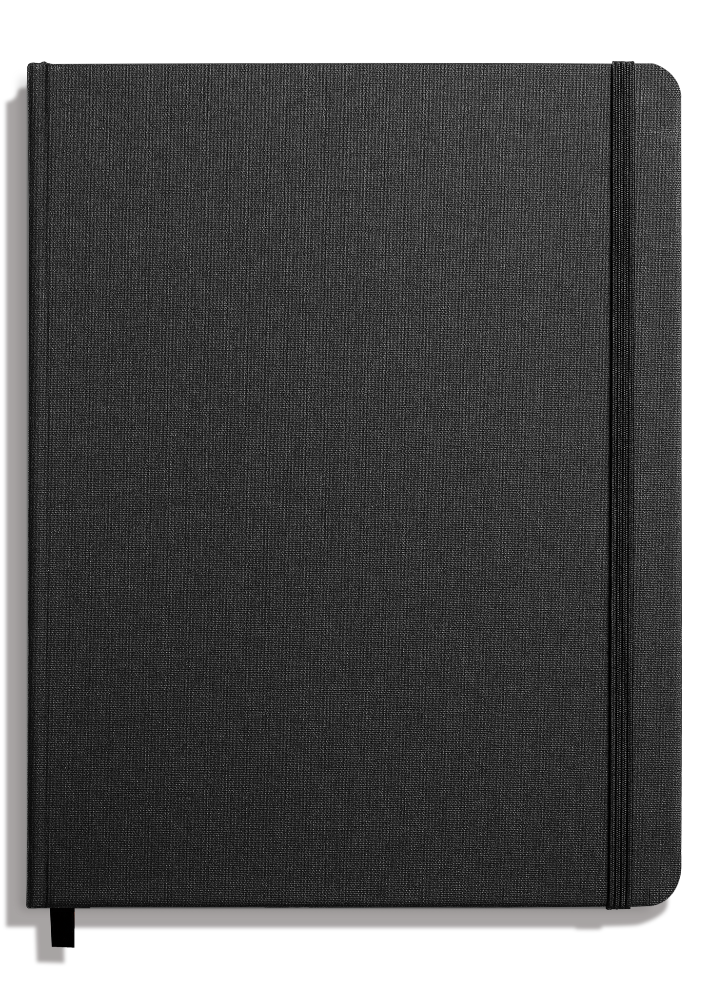The Shinola Large Hard Plain Sketchbook in Jet Black features a durable fabric cover, black elastic band closure on the right, and a ribbon bookmark, shown here photographed against a plain white background.