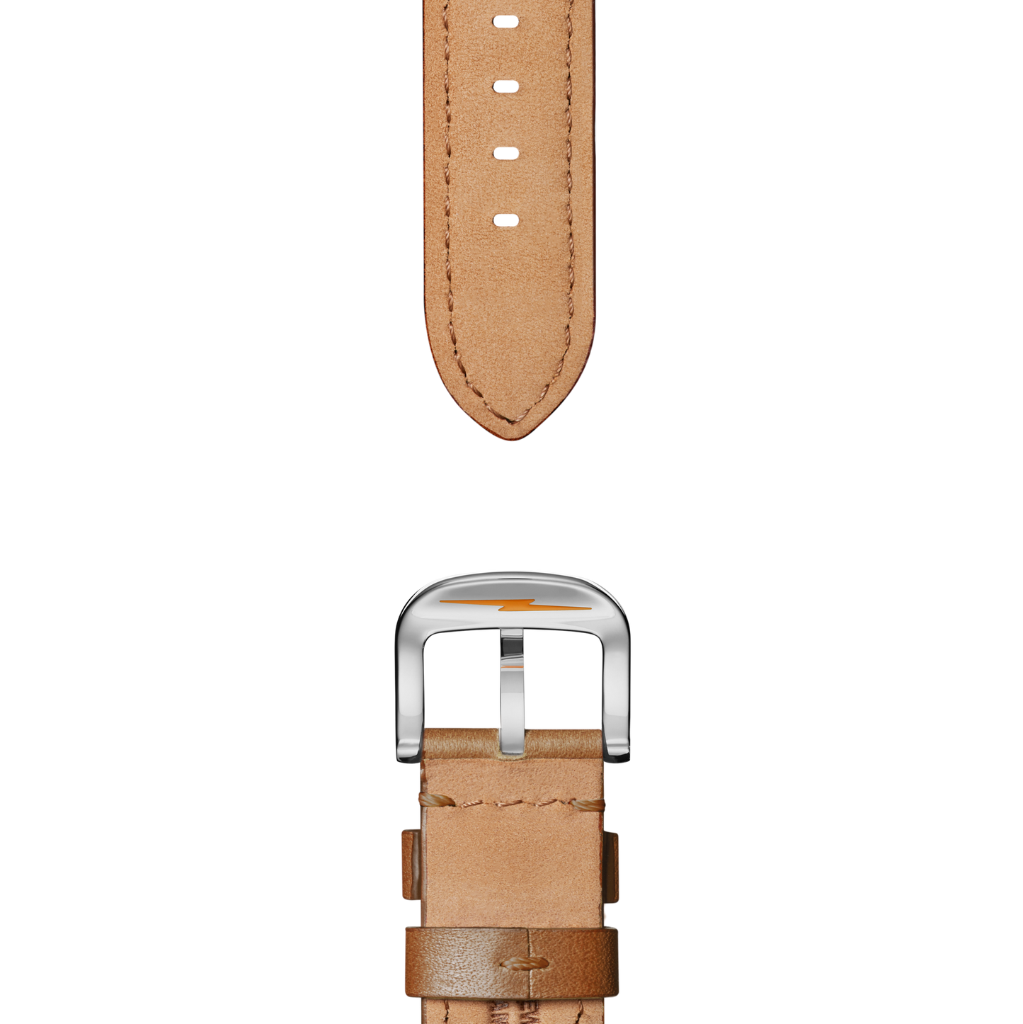 The Shinola 22mm Tan Leather Watch Strap is shown, featuring stitching detail, adjustable holes on top, and a silver buckle with quick release spring bars on the bottom, all set against a white background.