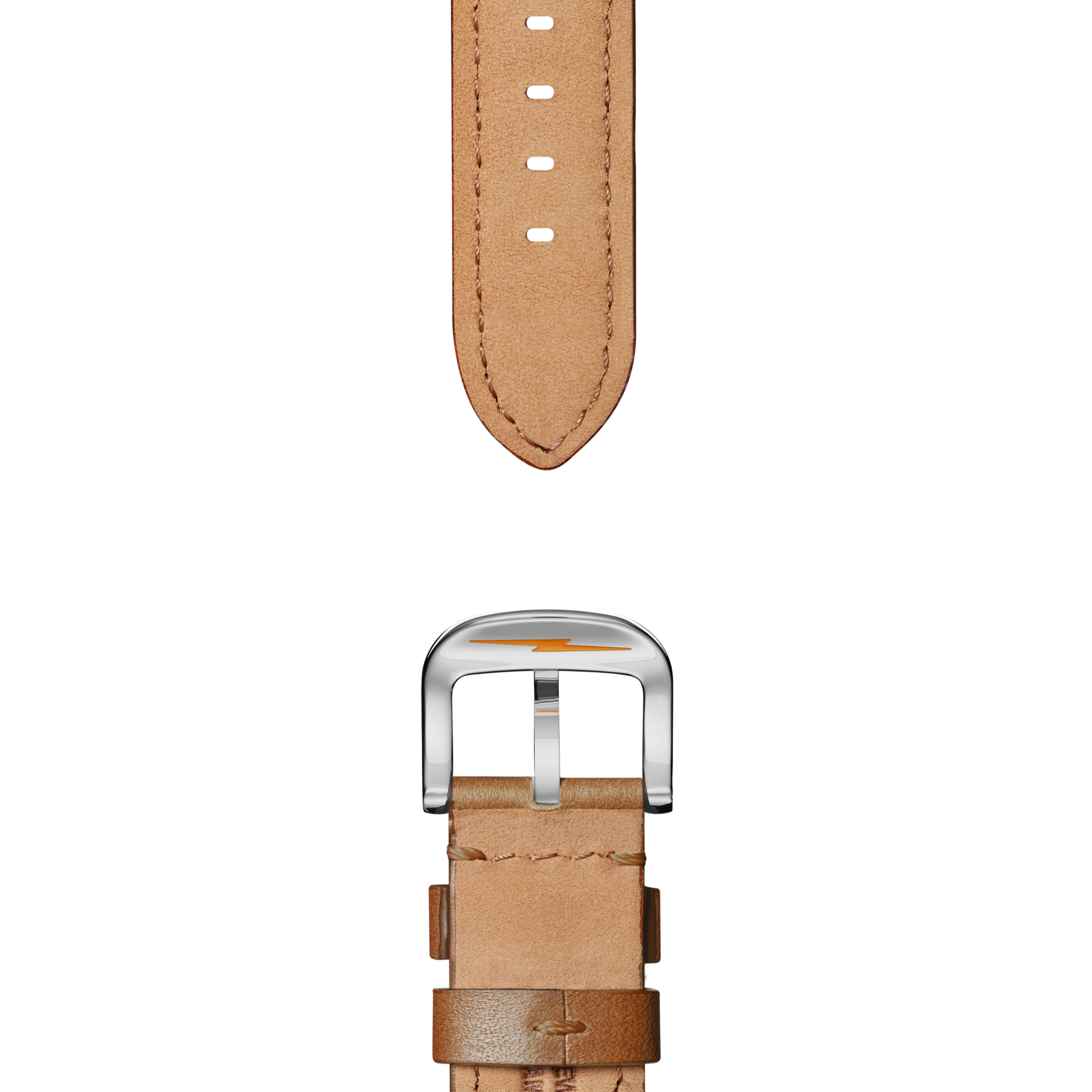 The Shinola 22mm Tan Leather Watch Strap is shown, featuring stitching detail, adjustable holes on top, and a silver buckle with quick release spring bars on the bottom, all set against a white background.