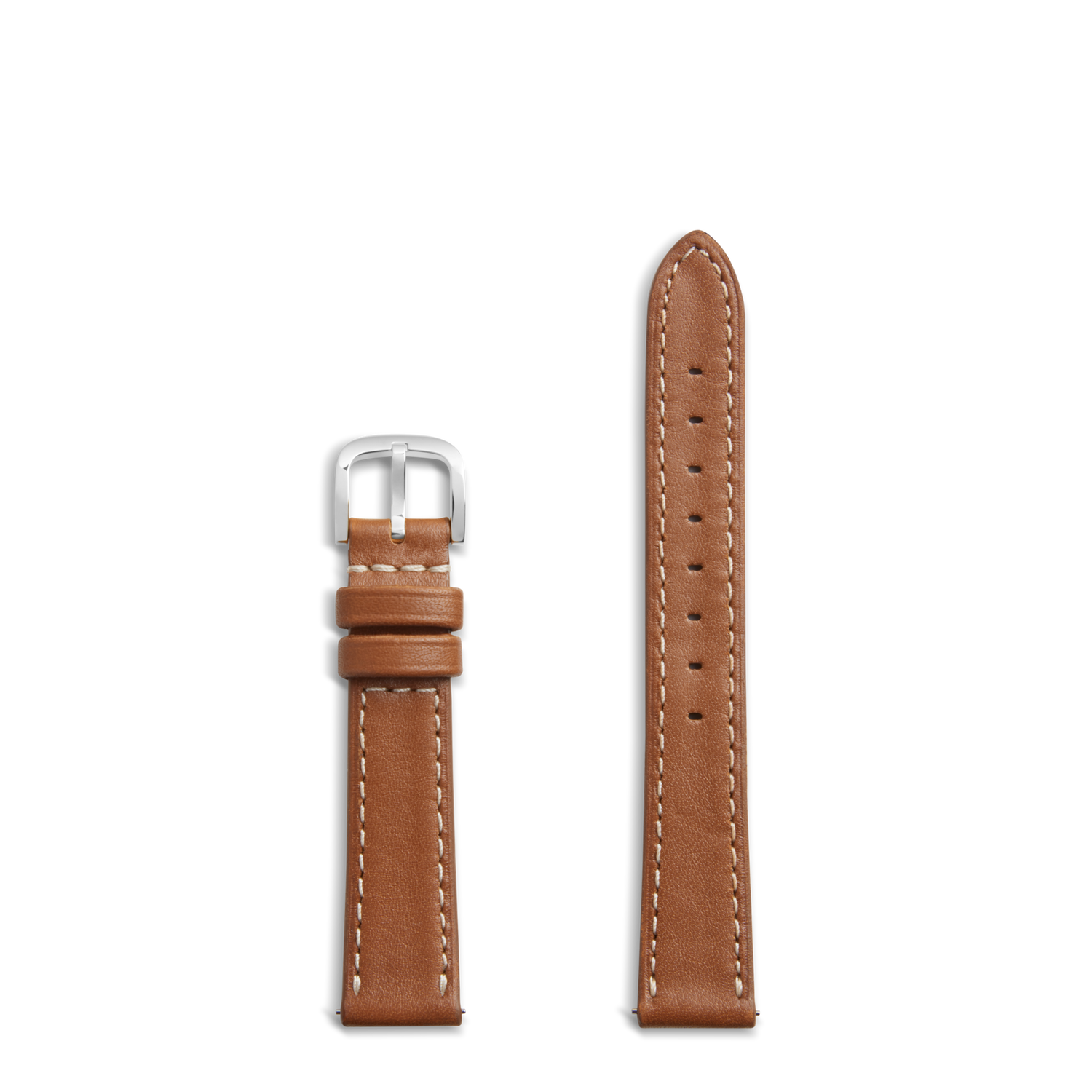Two pieces of the Shinola 16mm Leather Watch Strap in tan, with white stitching—one has a silver buckle and loops, the other has multiple holes—are shown on a white background. Compatible with Bixby watches (29mm x 34mm).