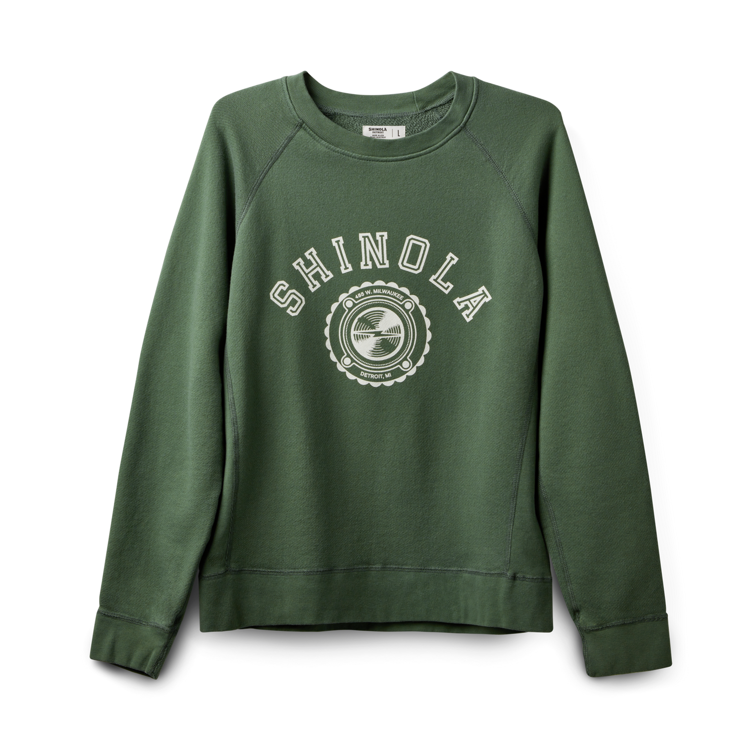 The Shinola Logo Sweatshirt - Leaf is a green unisex French Terry sweatshirt featuring a white SHINOLA logo and circular design on the chest, with long sleeves and ribbed cuffs and hem for comfort.
