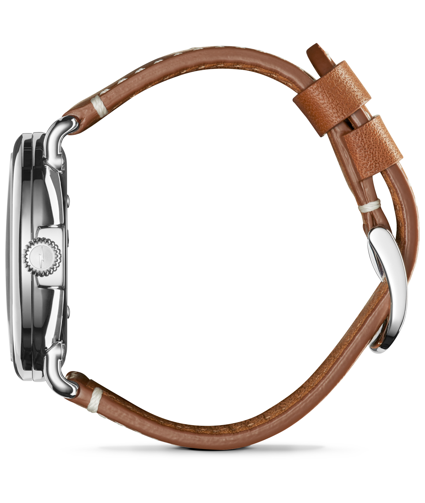 Side view of the Shinola Runwell Watch - Gray / Blue featuring a round silver case, blue dial, and brown leather strap with visible crown and buckle details against a plain white background.