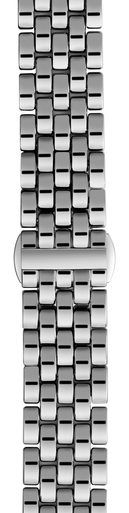Close-up of the Shinola 18mm Stainless Steel 5-Link Bracelet featuring shiny, metallic, rectangular links in parallel rows with a central horizontal bar and a highly reflective surface.