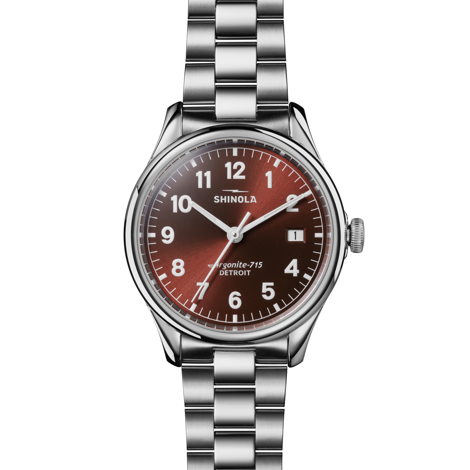 The Shinola Vinton Watch - Whiskey features a round case, stainless steel bracelet, whiskey-colored dial with white Arabic numerals, three hands, and the Shinola logo above the center.