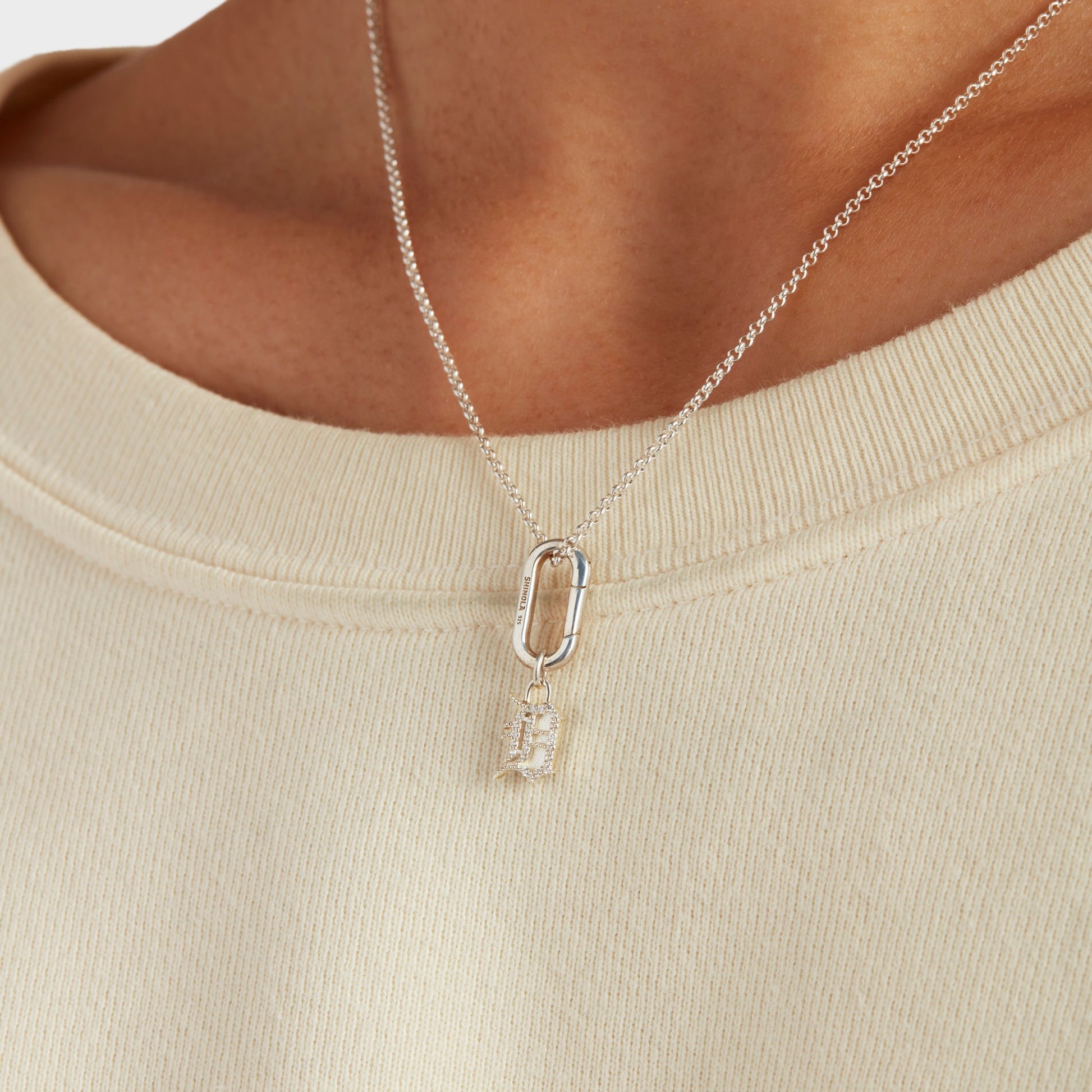 Pave Detroit "D" Charm - Sterling Silver
