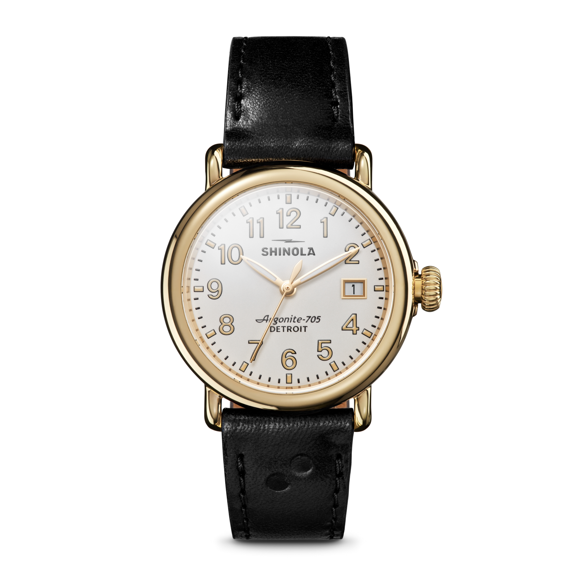 The Shinola Runwell Watch - Dominos features a gold stainless steel case, white dial with black Arabic numerals and date display, and a black leather strap, shown against a plain white background.