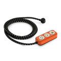 The Shinola 2 Port Power Supply - Tangerine is a power strip with an orange rectangular base, two standard outlets, USB-A and USB-C quick-charging ports, and a long braided cord with a round black plug.