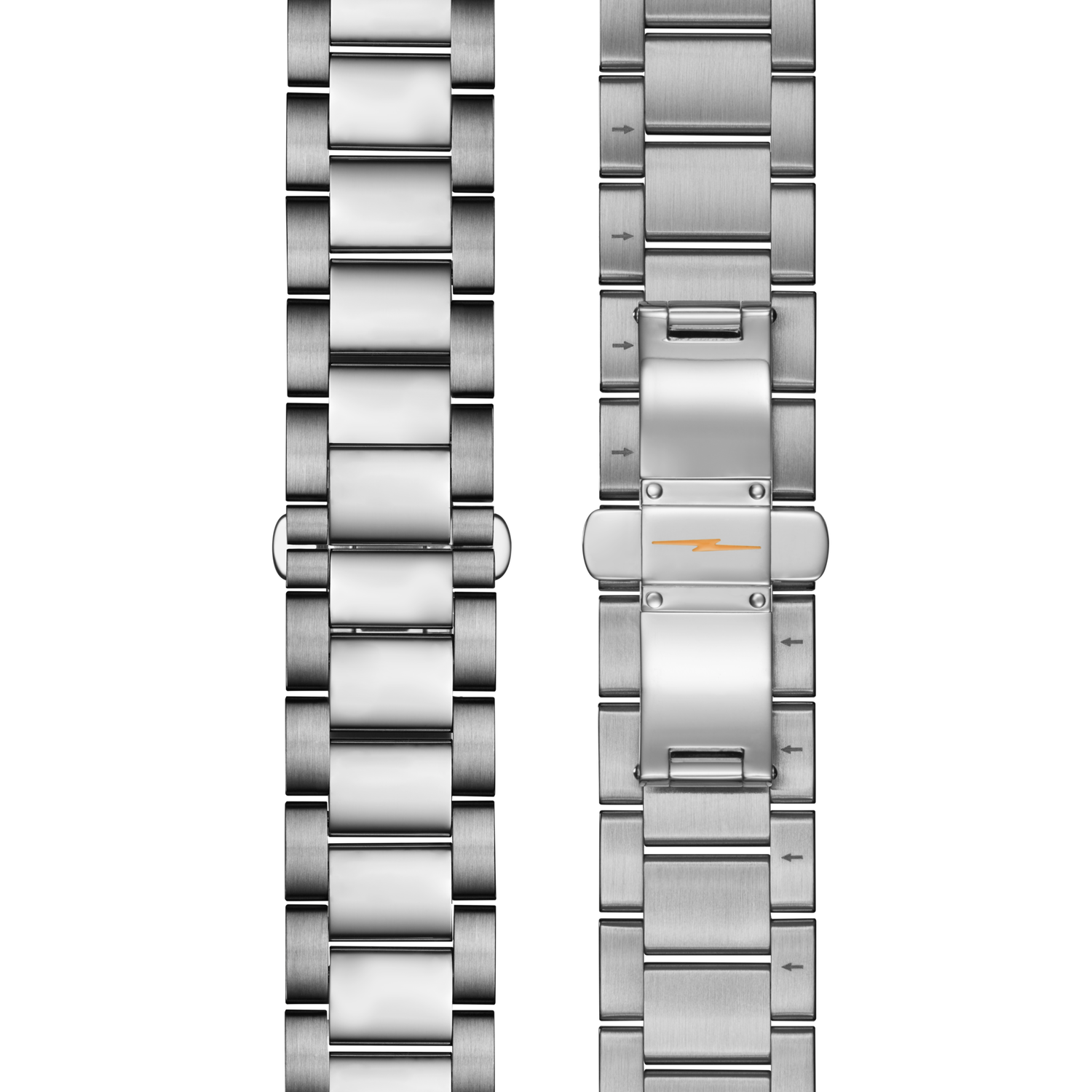 Two Shinola 20mm Stainless Steel 3-Link Bracelets are shown side by side on a white background, one displaying the front links and the other highlighting the clasp with a small lightning bolt symbol.