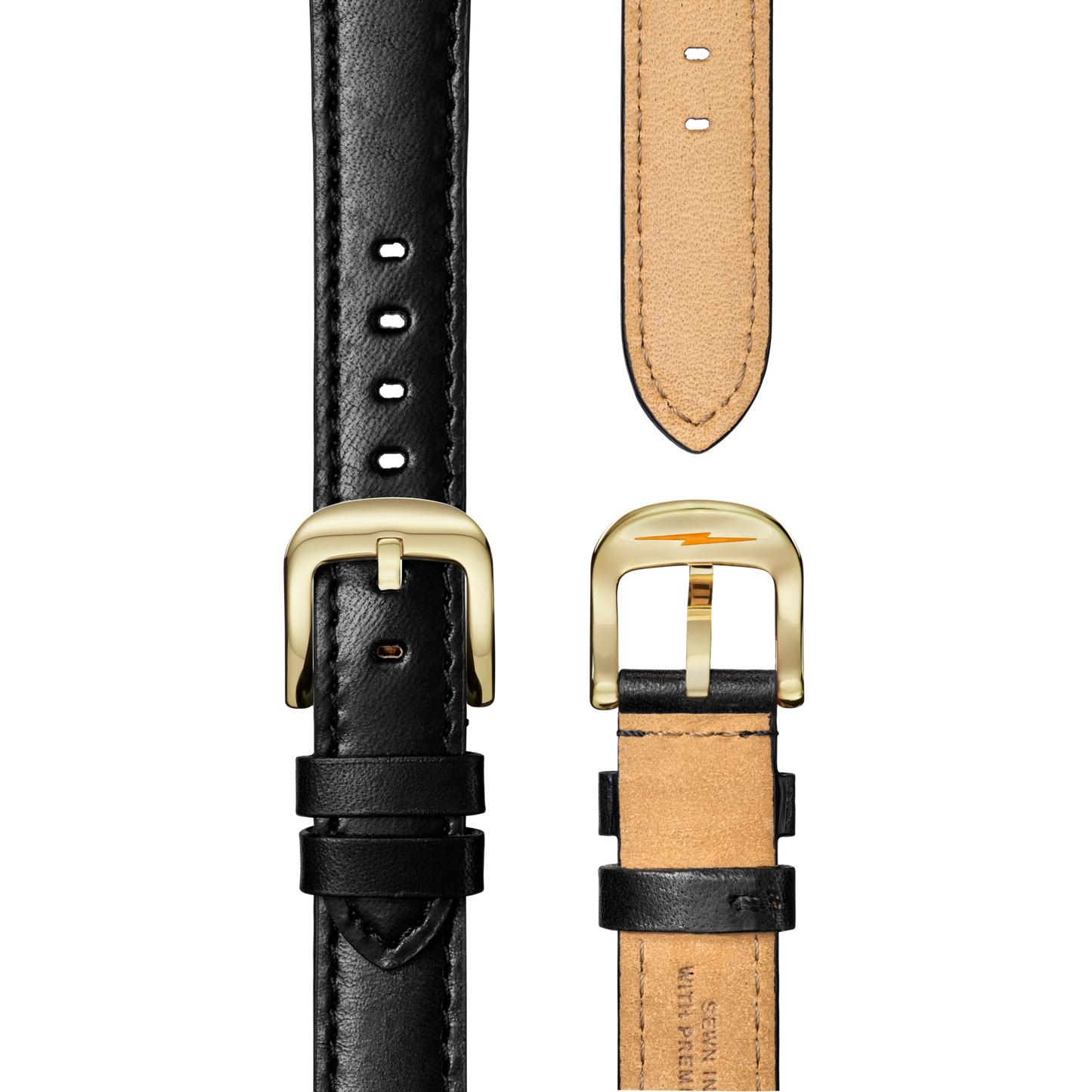 Two black leather straps with gold buckles, ideal for the Shinola Runwell Watch - MOP Dominos, are shown: one displays black stitching on the front; the other reveals tan leather and visible stitching on the underside.