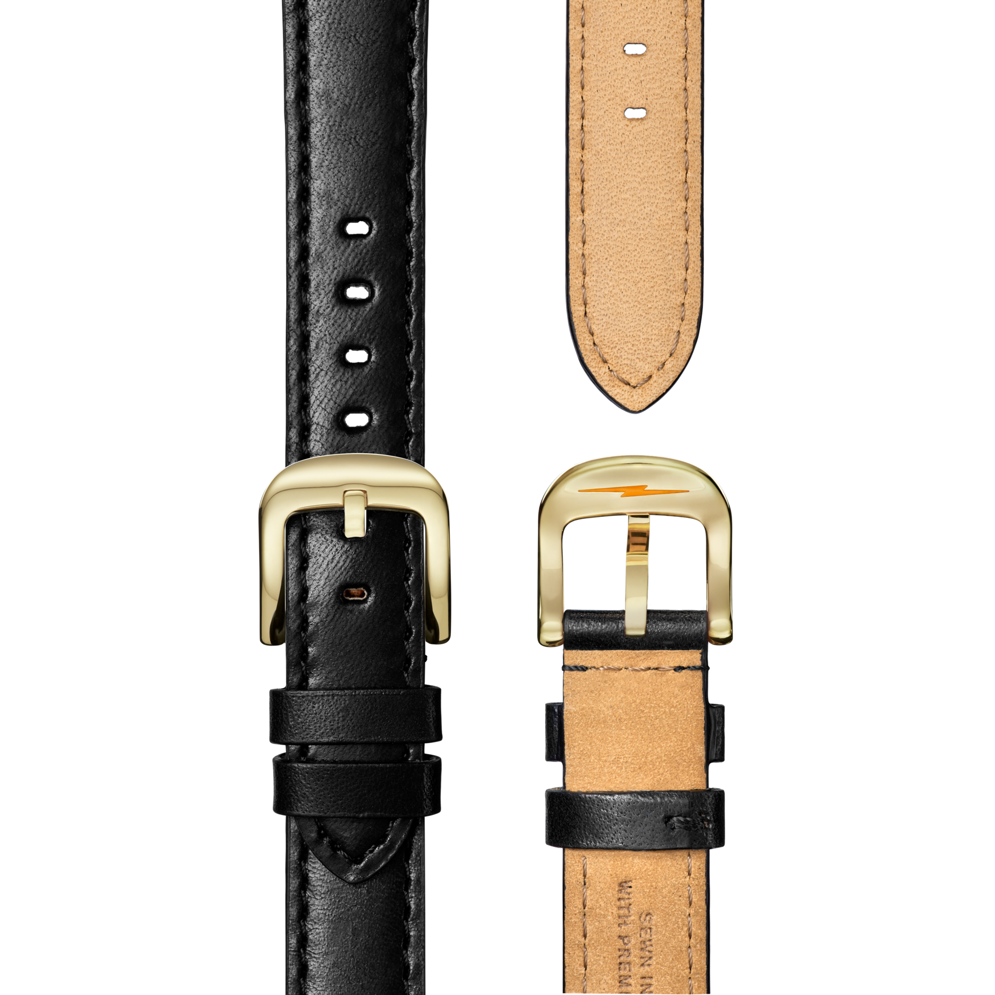 Two black leather straps with gold buckles, ideal for the Shinola Runwell Watch - MOP Dominos, are shown: one displays black stitching on the front; the other reveals tan leather and visible stitching on the underside.