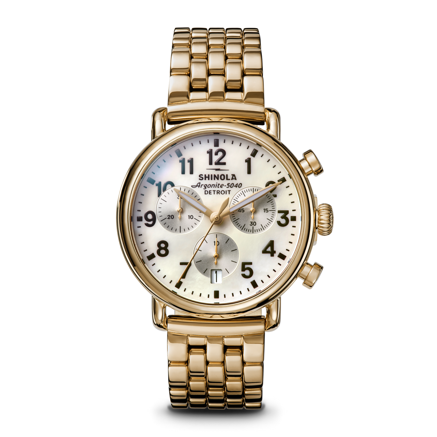 The Shinola Runwell Chronograph Watch - MOP Gold Bracelet features a gold finish, mother-of-pearl dial with three subdials, black numerals, and a gold metal link bracelet, displayed upright against a white background.